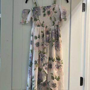 Girls size 10 floral dress with smocked top. Off the shoulder.
